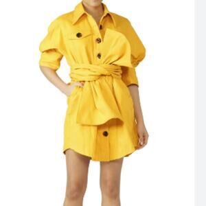 Acler Womens Priestly Yellow Shirt Dress XS Puff Sleeve Tie Waist Utility